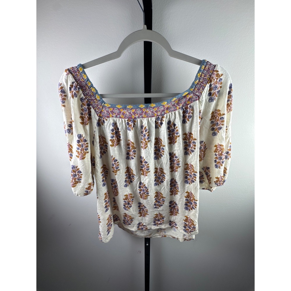 Lucky Brand Floral Peasant Top Womens Large Cream Purple Boho Puff Sleeve - Picture 6 of 8